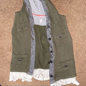 Forest green vest with hood and lace on bottom